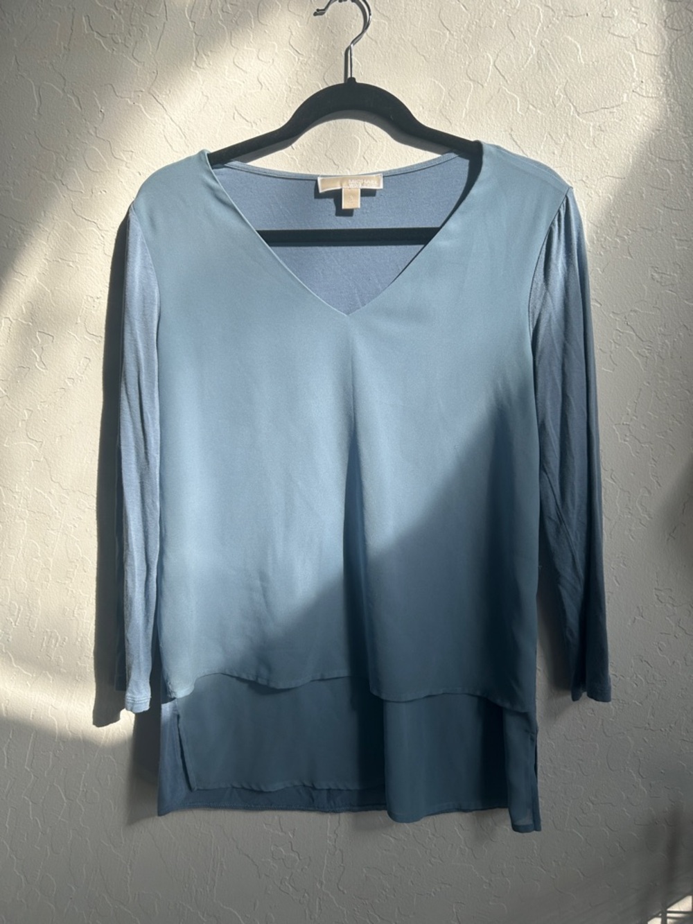 Michael Kors Light Blue V-Neck Layered Long-Sleeve Women's Top - Picture 3 of 6